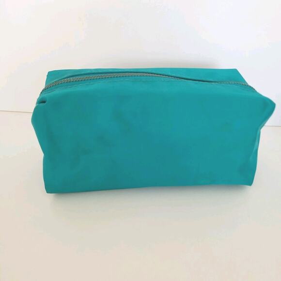 Tory Burch Cosmetic Toiletry Bag Case Teal Blue Pouch Zip Around Logo Medium - Picture 2 of 10